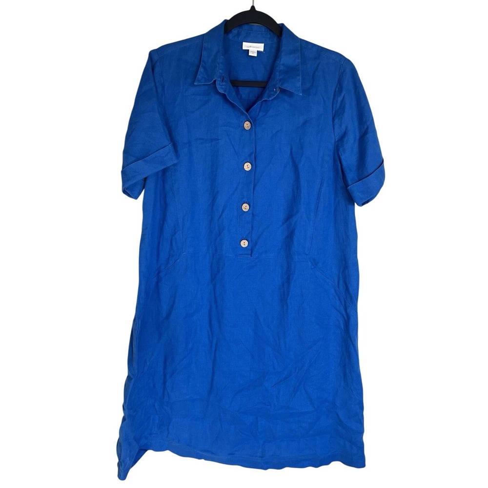 J Jill Midi Shirt Dress Size M Tall Blue 100% Linen Beach Minimalist Capsule